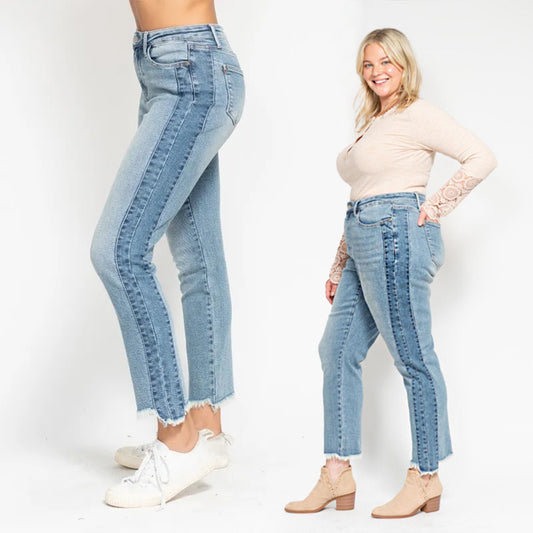 Judy Blue HW Vintage Wash Side Panel Detail & Hi Lo Fray Hem Slim Jeans #88536