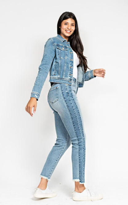 Judy Blue HW Vintage Wash Side Panel Detail & Hi Lo Fray Hem Slim Jeans #88536