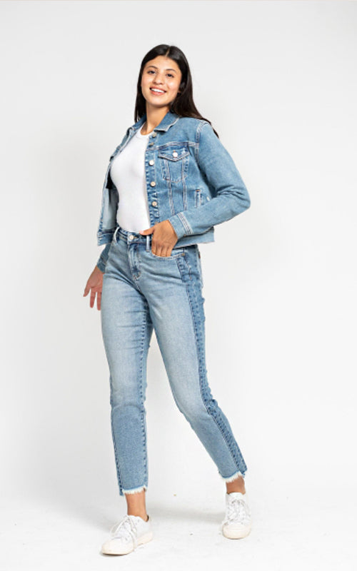 Judy Blue HW Vintage Wash Side Panel Detail & Hi Lo Fray Hem Slim Jeans #88536