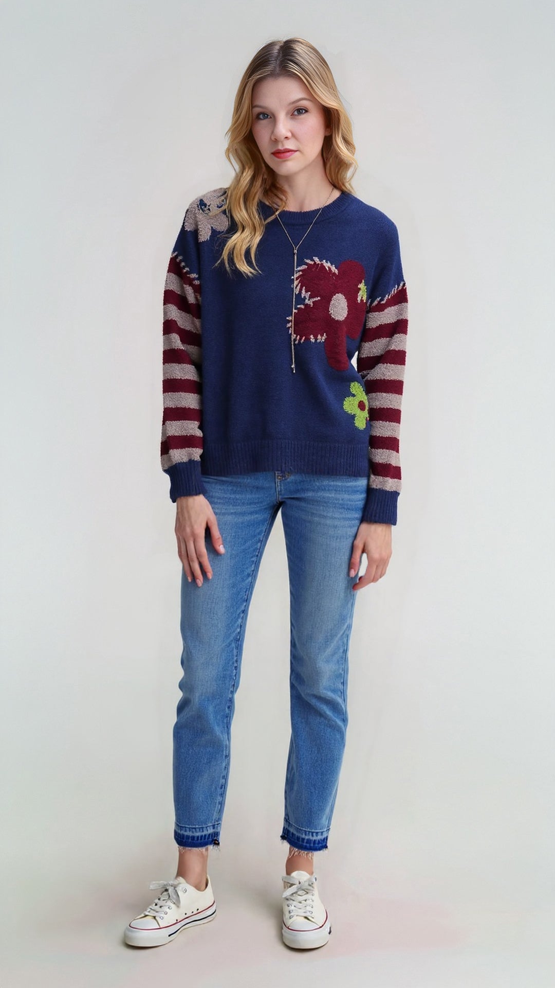 Umgee Flower Jacquard Striped Long Sleeve Sweater