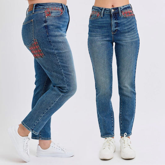 Judy Blue HW Plaid Patch Slim Fit Jeans 88868