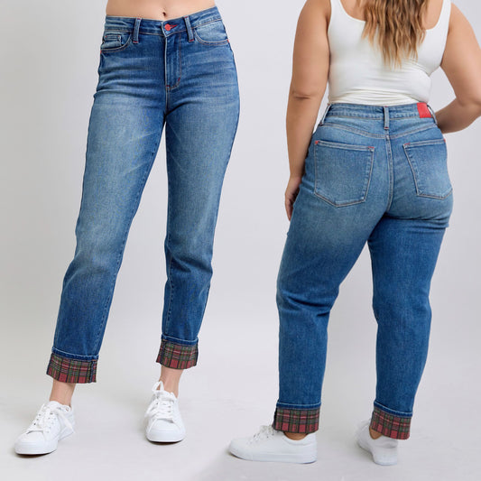 Judy Blue Mid Rise Plaid Print Cuff Boyfriend Jeans 88877