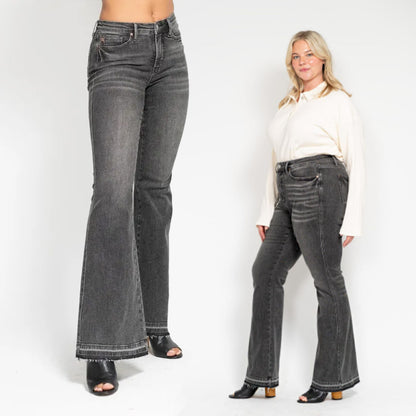 Judy Blue Mid Rise Tummy Control Washed Gray Release Hem Flare Jeans 88880