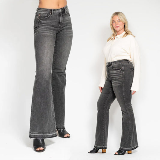 Judy Blue Mid Rise Tummy Control Washed Gray Release Hem Flare Jeans 88880