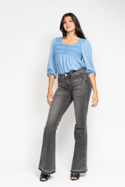 Judy Blue Mid Rise Tummy Control Washed Gray Release Hem Flare Jeans 88880