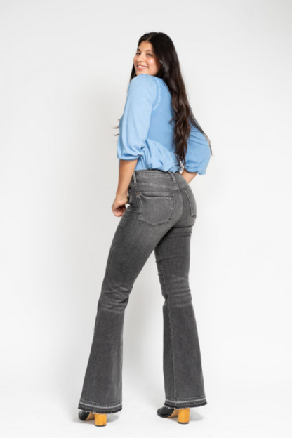 Judy Blue Mid Rise Tummy Control Washed Gray Release Hem Flare Jeans 88880