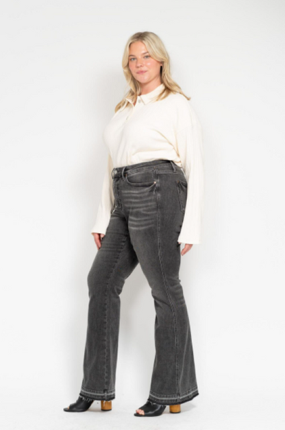 Judy Blue Mid Rise Tummy Control Washed Gray Release Hem Flare Jeans 88880