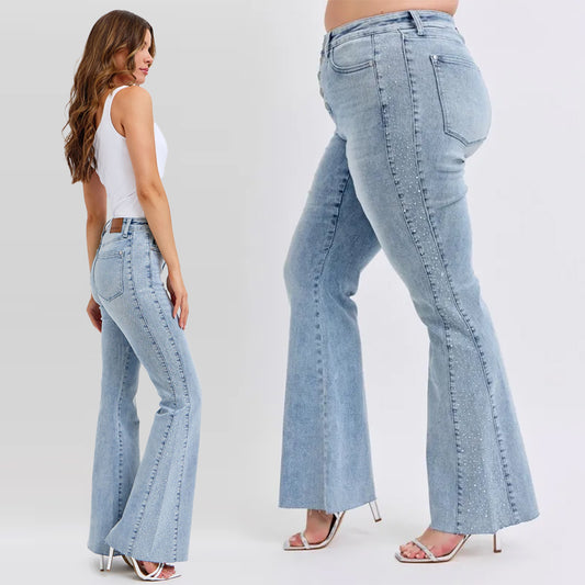 Judy Blue Mid Rise Rhinestone Side Panel Detail Flare Jeans 88895