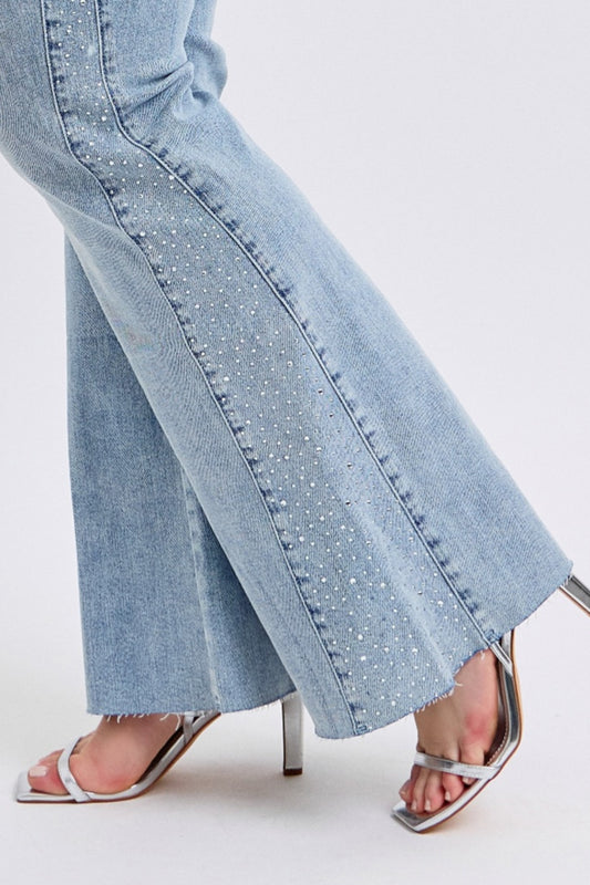 Judy Blue Mid Rise Rhinestone Side Panel Detail Flare Jeans 88895