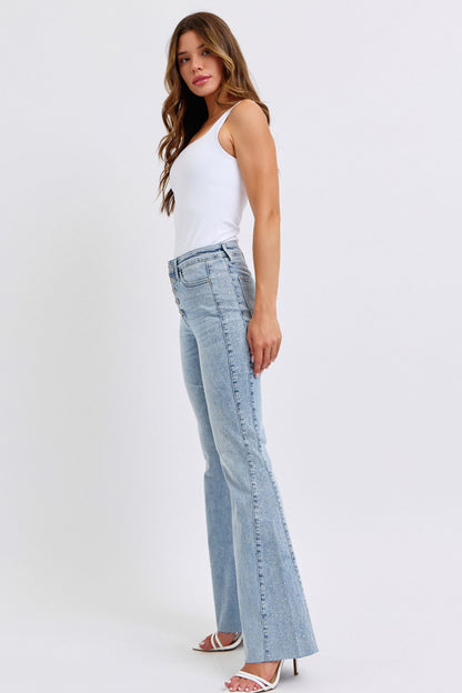Judy Blue Mid Rise Rhinestone Side Panel Detail Flare Jeans 88895