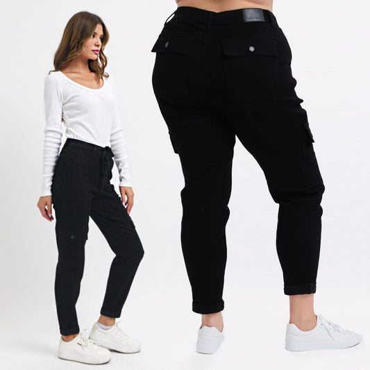Judy Blue High Waist Cargo Cuff Black Jogger Denim Jeans 88910