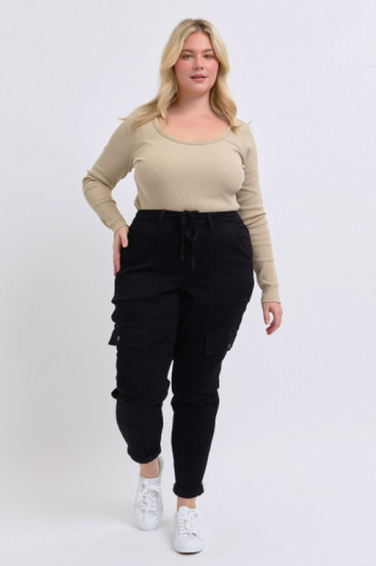 Judy Blue High Waist Cargo Cuff Black Jogger Denim Jeans 88910
