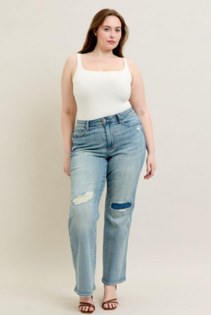 Judy Blue High Waist Destroy & Knee Patch Straight Leg Jeans 88928