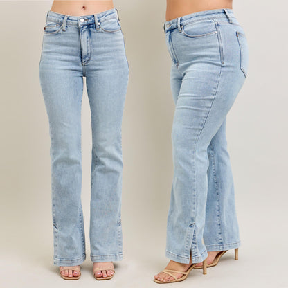 Judy Blue HW Tummy Control Vintage Wash Side Slit Slim Bootcut Jeans #88951