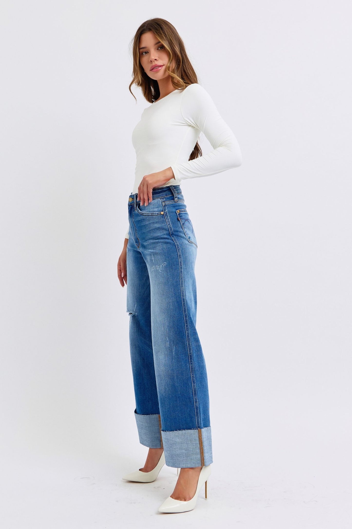 Judy Blue High Waist Medium Wash Retro Wide Leg w/ Cuff Jeans #82636