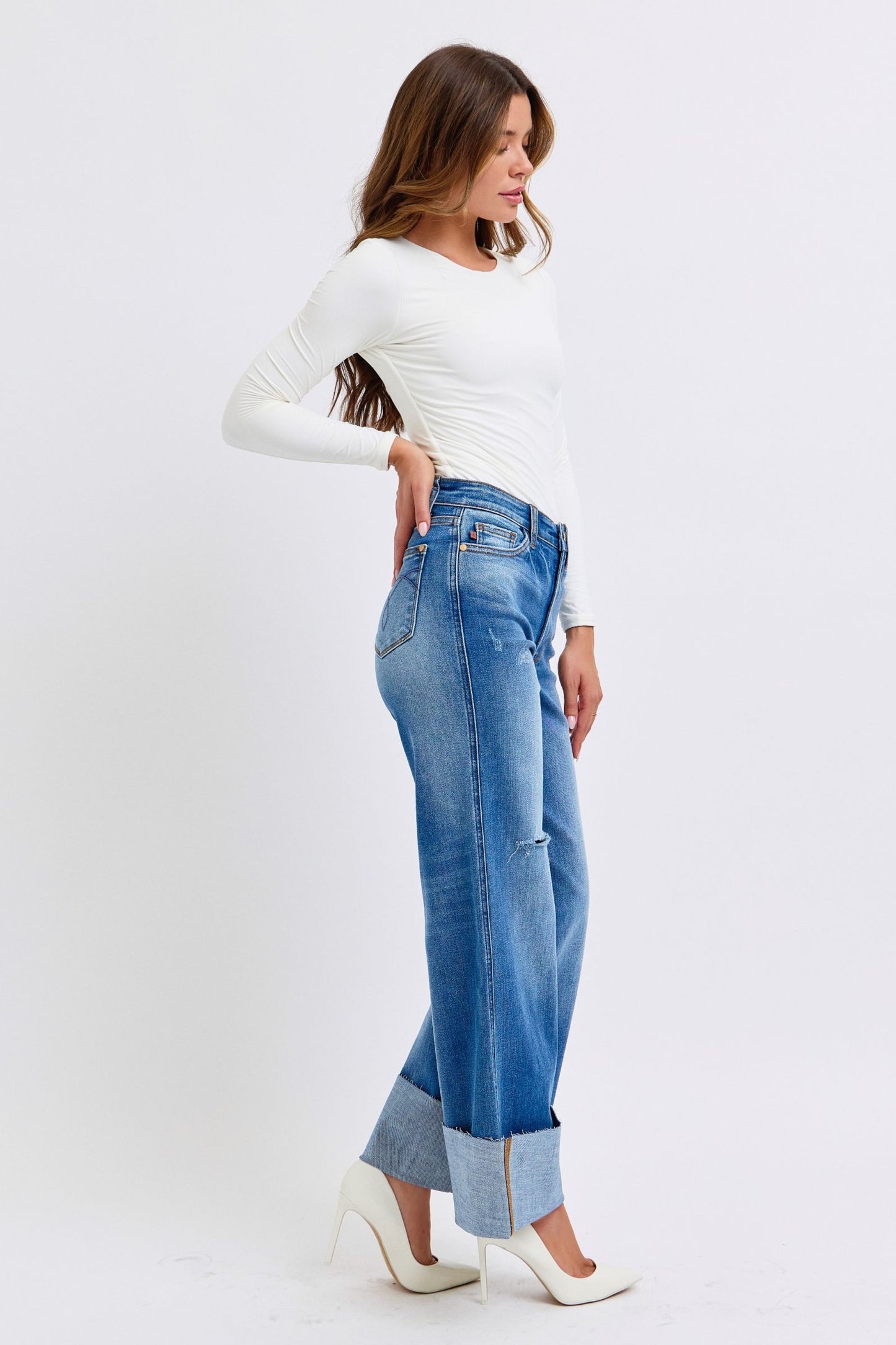 Judy Blue High Waist Medium Wash Retro Wide Leg w/ Cuff Jeans #82636