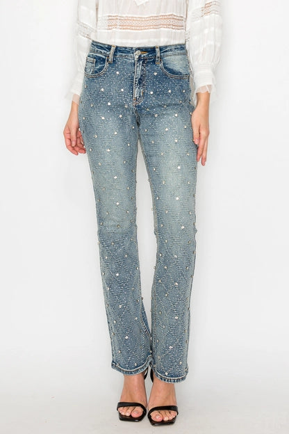 Artemis Vintage High Rise Jewel Embellished Rhinestone Modern Bootcut Jeans