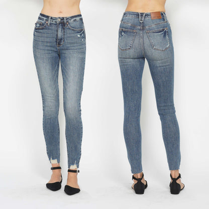 Judy Blue High Waist Tummy Control Vintage Wash Hem Destroy Skinny Jeans #88769