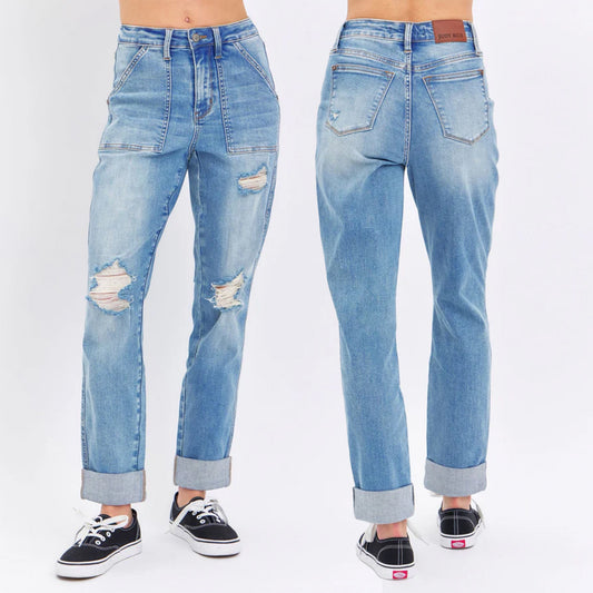 Judy Blue High Waist Patch Pocket Distressed Boyfriend Fit Jeans #88825