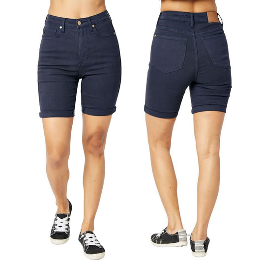 Judy Blue High Waist Tummy Control Garment Dyed Navy Blue Bermuda Shorts #150270