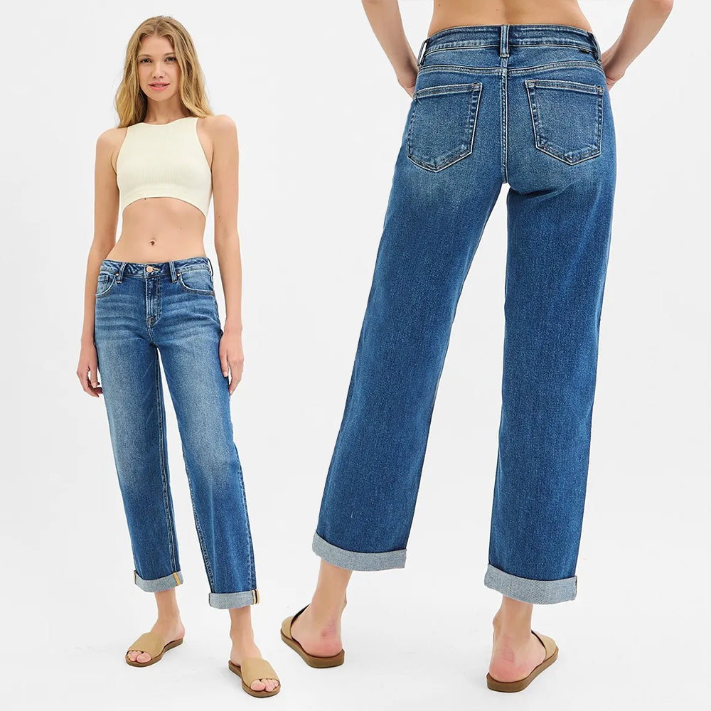 RISEN Mid Rise Boyfriend Roll Up Jeans PG21211