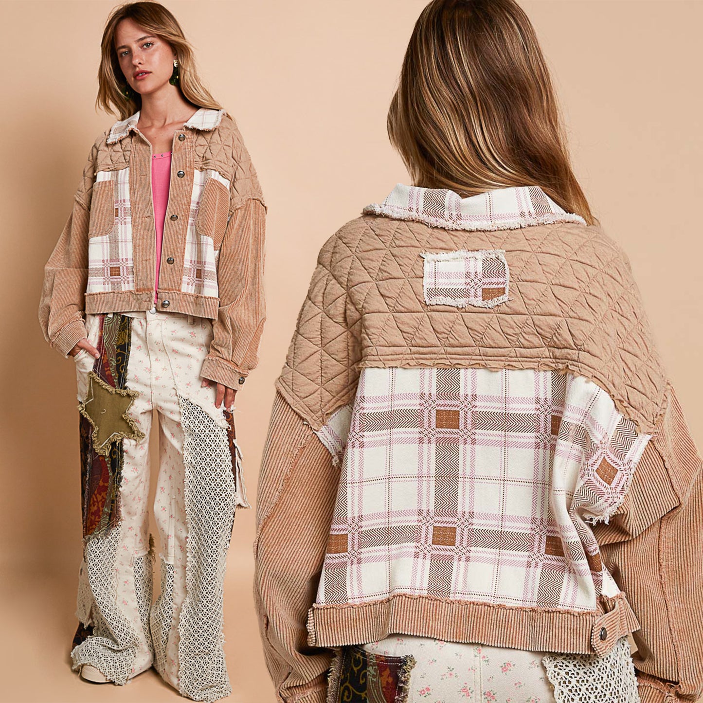 POL Corduroy Jacquard Patchwork Button Up Jacket