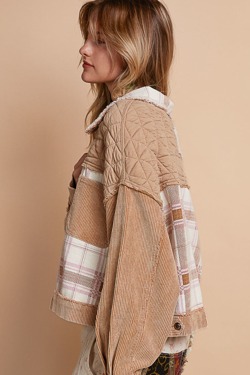 POL Corduroy Jacquard Patchwork Button Up Jacket