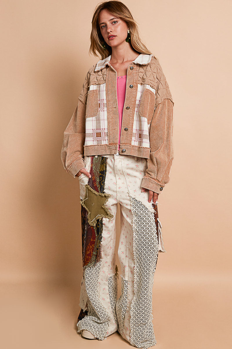 POL Corduroy Jacquard Patchwork Button Up Jacket