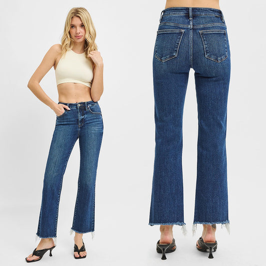 RISEN Tummy Control High Rise Crop Straight Raw Cut Hem Jeans PSA21158