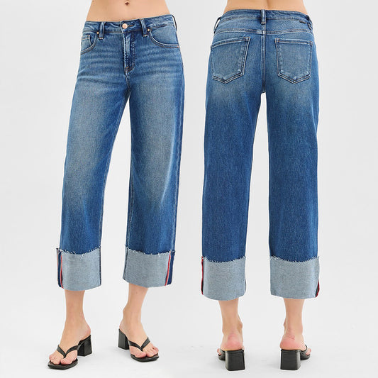 RISEN Tummy Control Mid Rise Crop Wide Cuffed Jeans PW21124