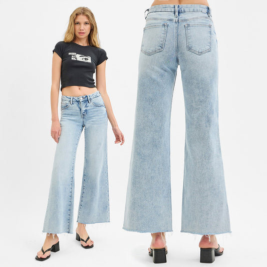 RISEN Tummy Control Low Rise Wide Leg Raw Cut Hem Jeans PW21189