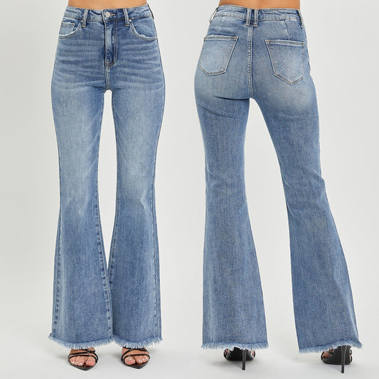 RISEN High Rise Vintage Frayed Hem Flare Jeans