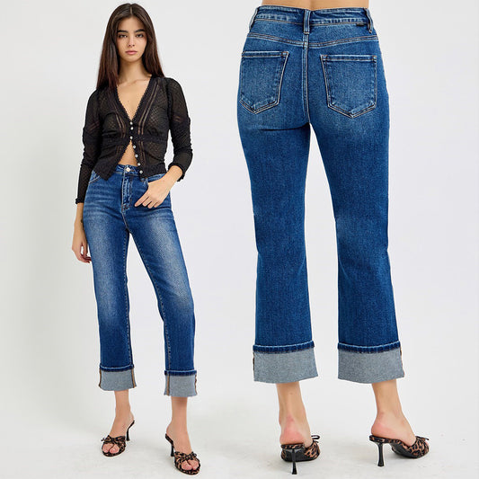 RISEN High Rise Ankle Straight Cuffed Jeans RDP5580RT
