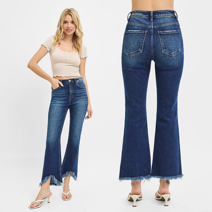 RISEN High Rise Dark Wash Crop Bootcut Fray Hem Jeans RDP5599SZ
