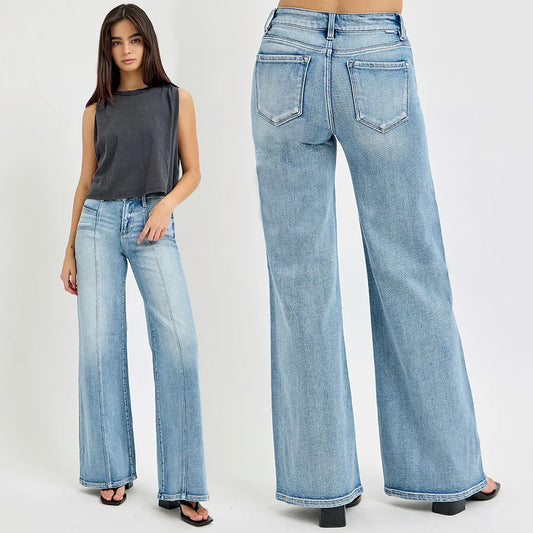 RISEN Mid Rise Wide Leg Jeans with Front Patch Pocket RDP5851