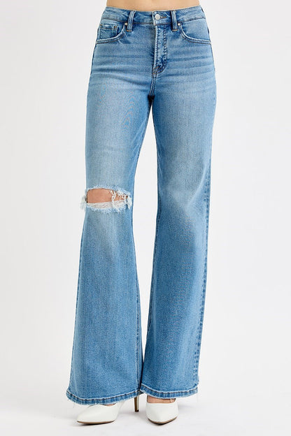 RISEN Tummy Control High Rise Distressed Wide Leg Jeans RDP5957