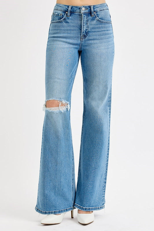 RISEN Tummy Control High Rise Distressed Wide Leg Jeans RDP5957