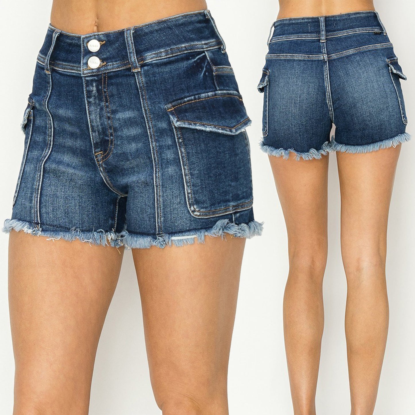 RISEN High Rise Cargo Raw Hem Denim Shorts #RDS6236