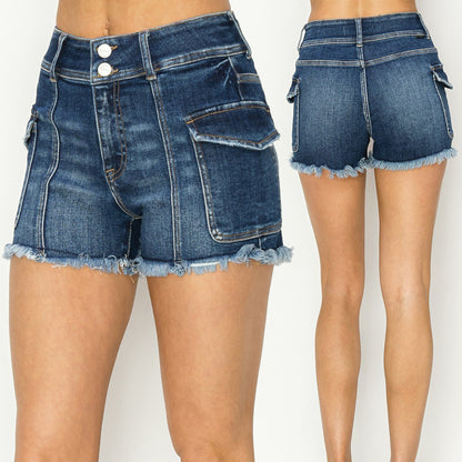 RISEN High Rise Cargo Raw Hem Denim Shorts #RDS6236