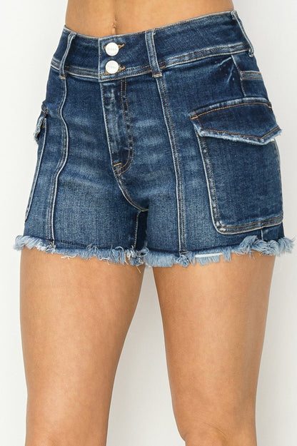 RISEN High Rise Cargo Raw Hem Denim Shorts #RDS6236