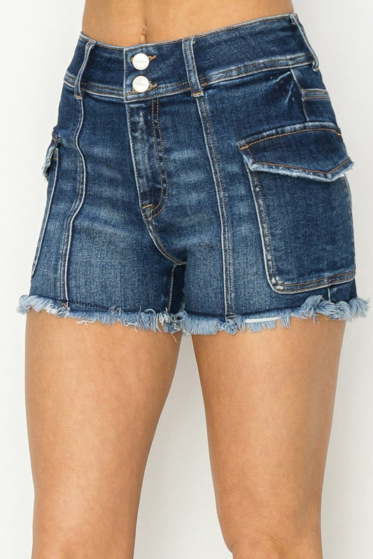 RISEN High Rise Cargo Raw Hem Denim Shorts #RDS6236