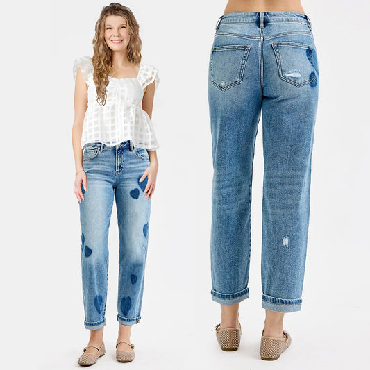 RISEN Mid Rise Boyfriend Fit Heart Shade Jeans PGA21171
