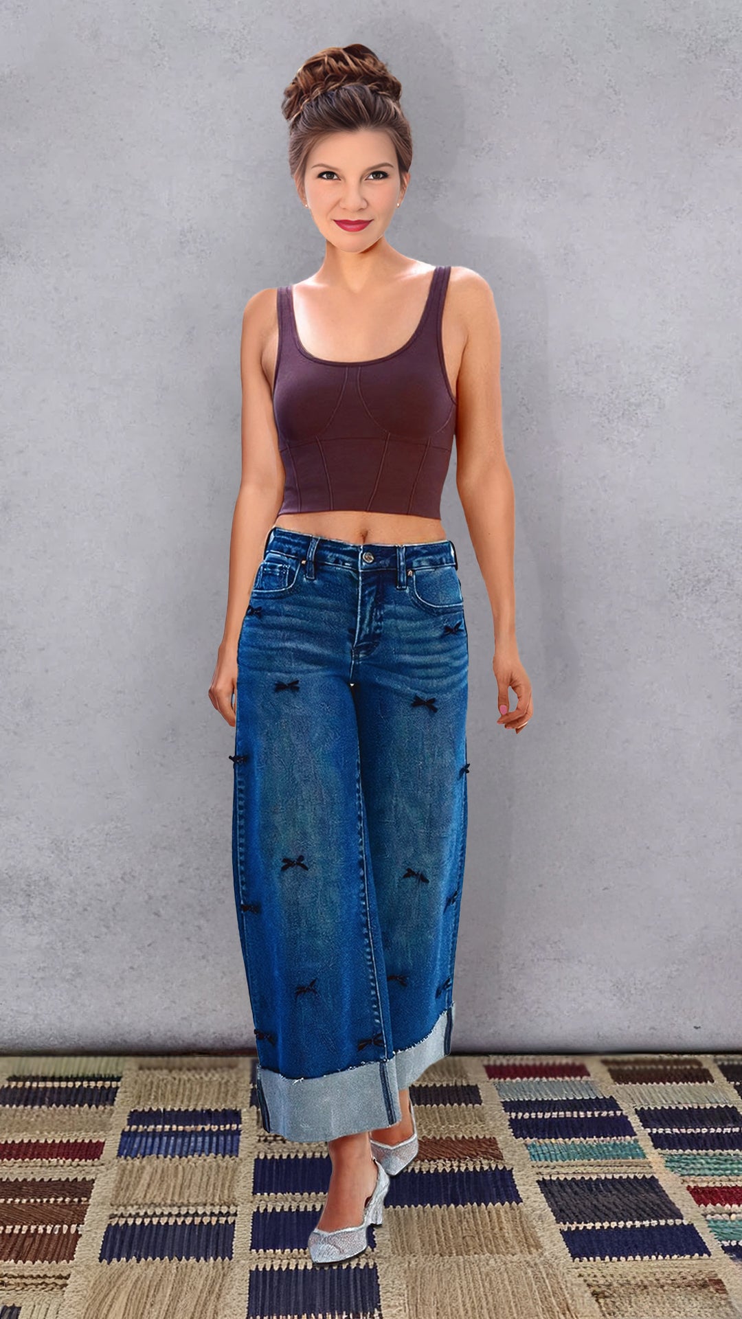 RISEN High Rise Crop Wide Leg Ribbon Detail Jeans