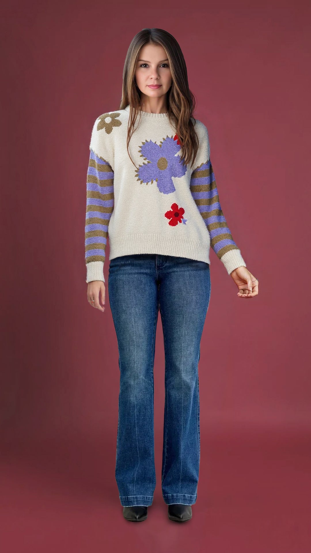 Umgee Flower Jacquard Striped Long Sleeve Sweater