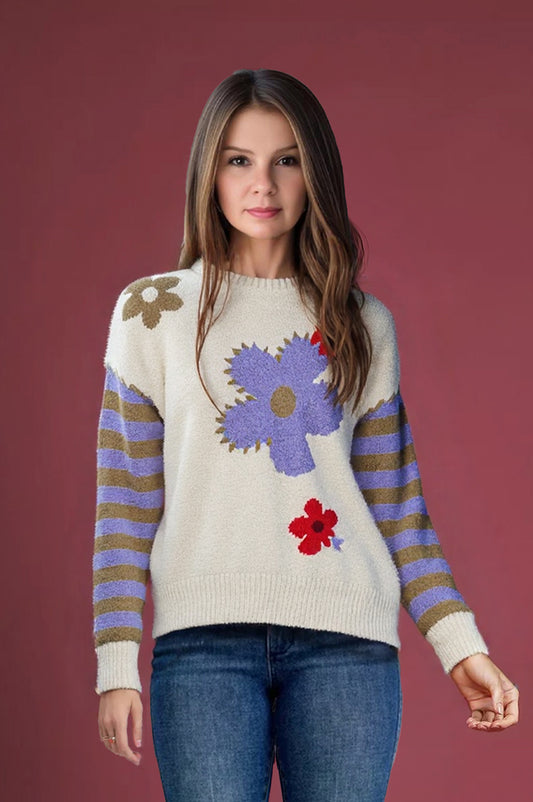 Umgee Flower Jacquard Striped Long Sleeve Sweater