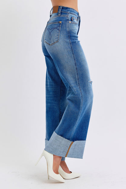 Judy Blue High Waist Medium Wash Retro Wide Leg w/ Cuff Jeans #82636