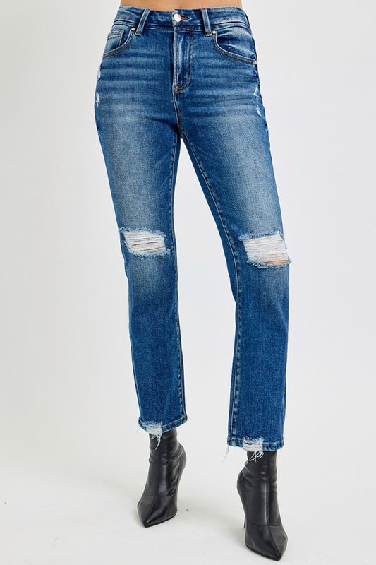 RISEN High Rise Distressed Crop Straight Leg Jeans
