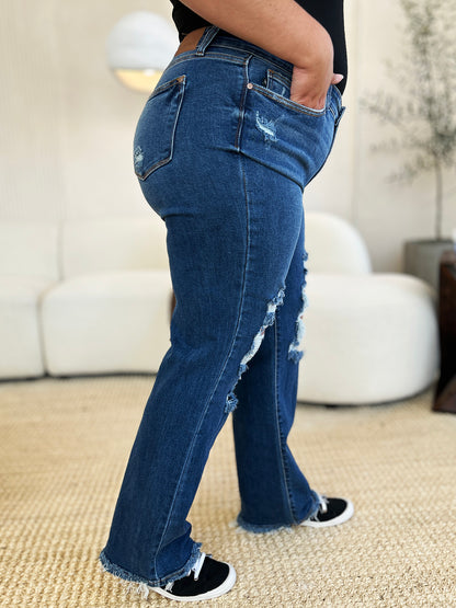 Judy Blue Mid Rise Distressed Raw Hem Dad Jeans #82605