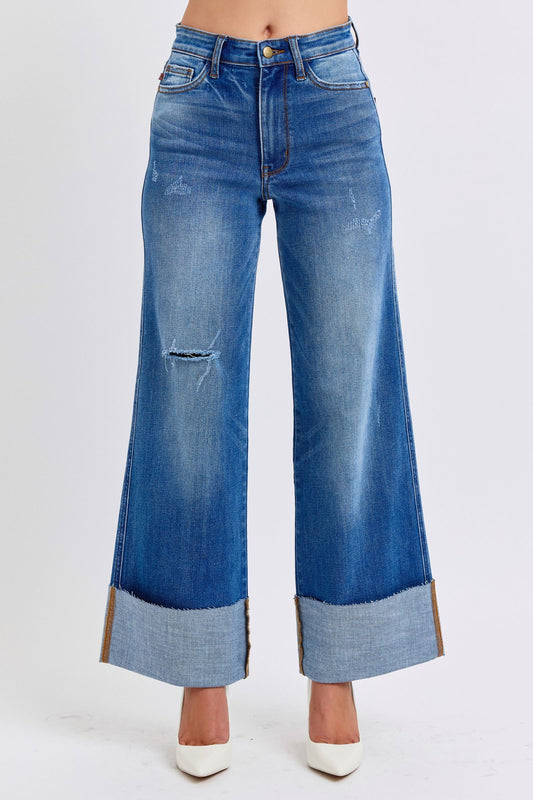 Judy Blue High Waist Medium Wash Retro Wide Leg w/ Cuff Jeans #82636