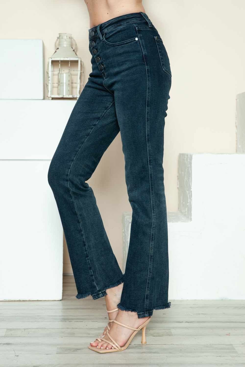 Judy Blue High Waist Button Fly Destroy Hem Straight Leg Jeans #88912